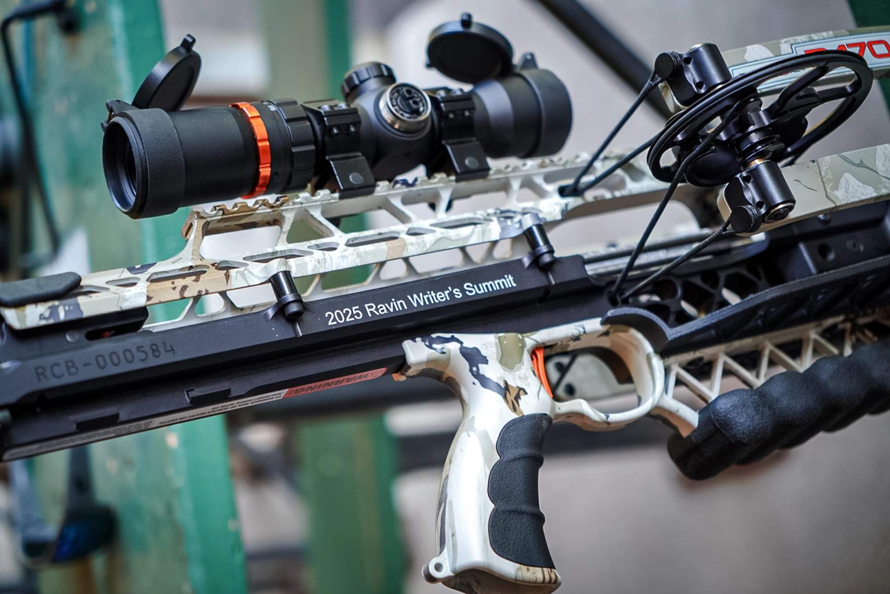 a close-up of a special edition Ravin R470 crossbow