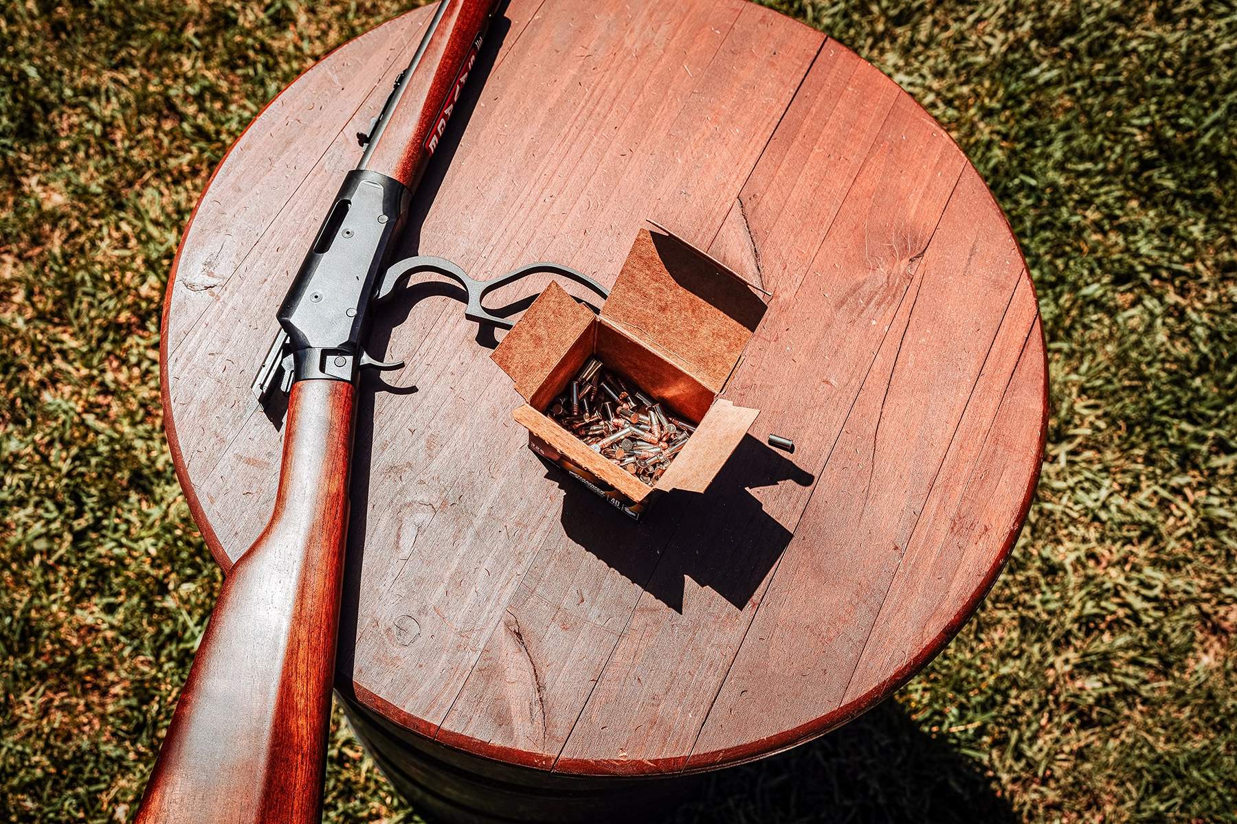 Savage Revel DLX rifle on a table with an open box of .22LR ammo