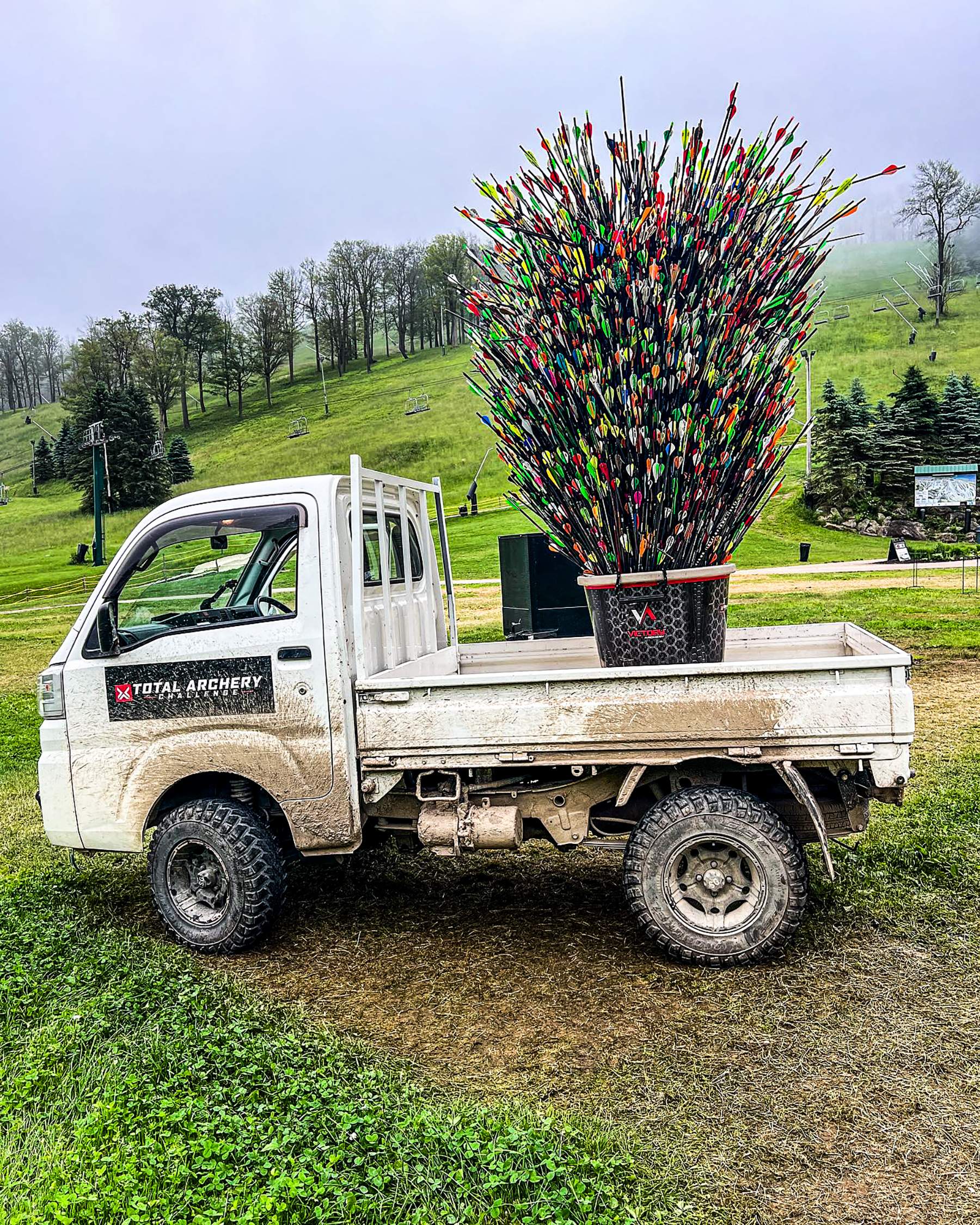 a flatbed truck with a huge array of arrows in it