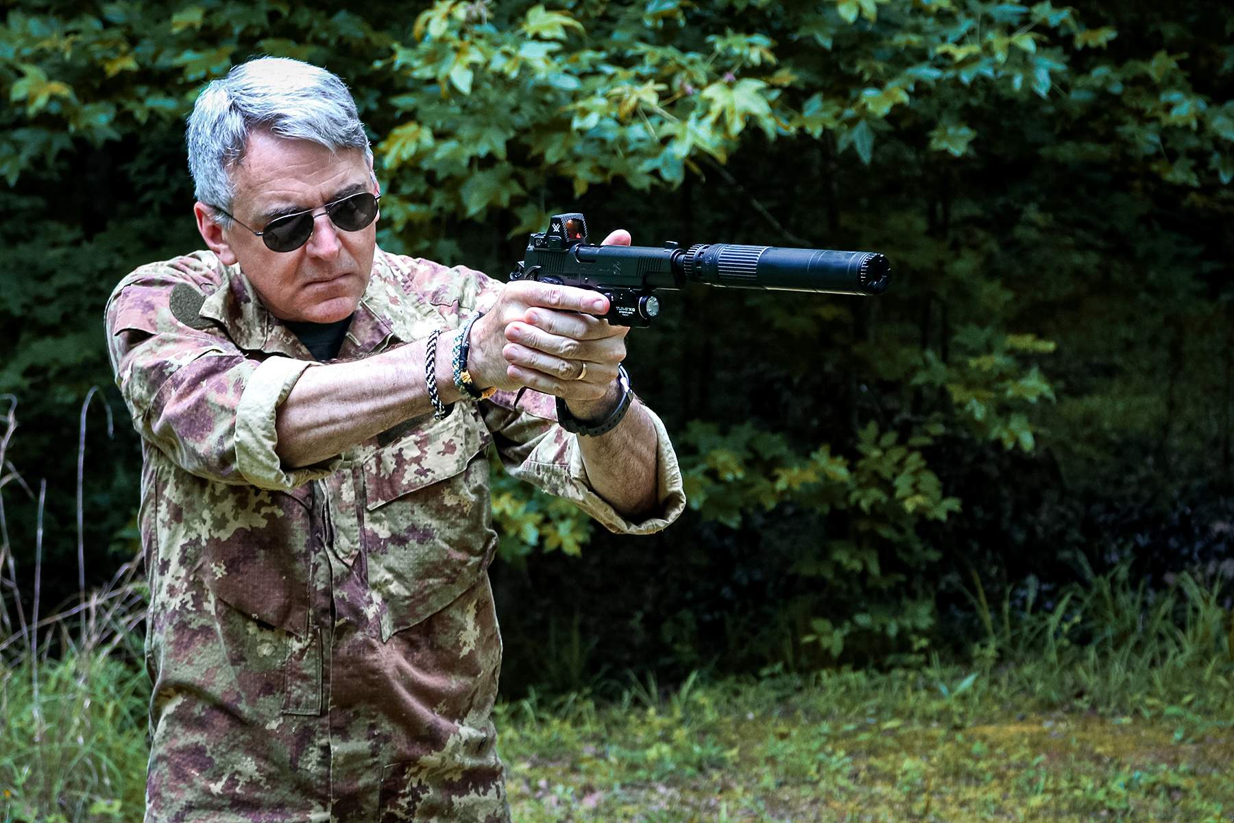the author firing the Springfield Operator and the dead air mojave 45 suppressor