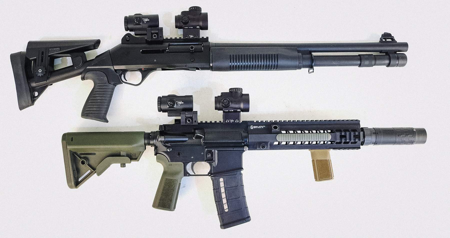 Trijicon MRO SD with magnifier on an AR and on a shotgun