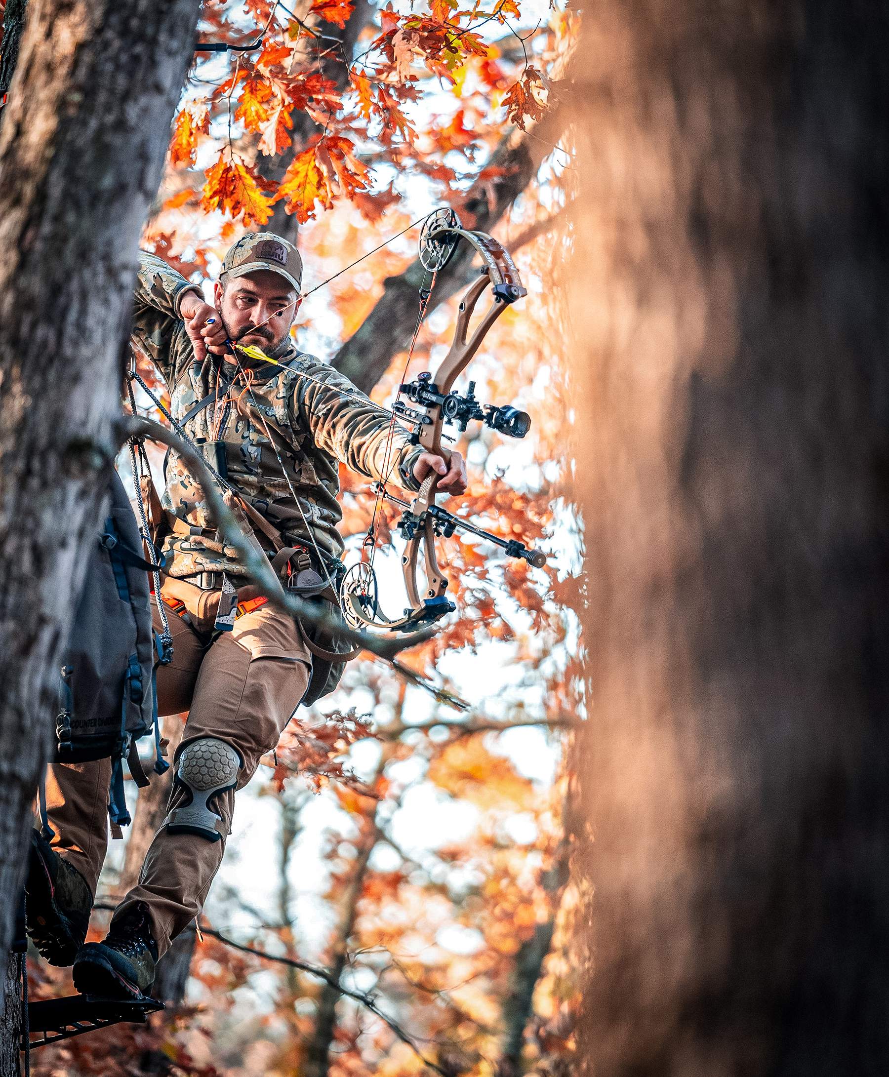 a bowhunter in a hunting saddle at full draw