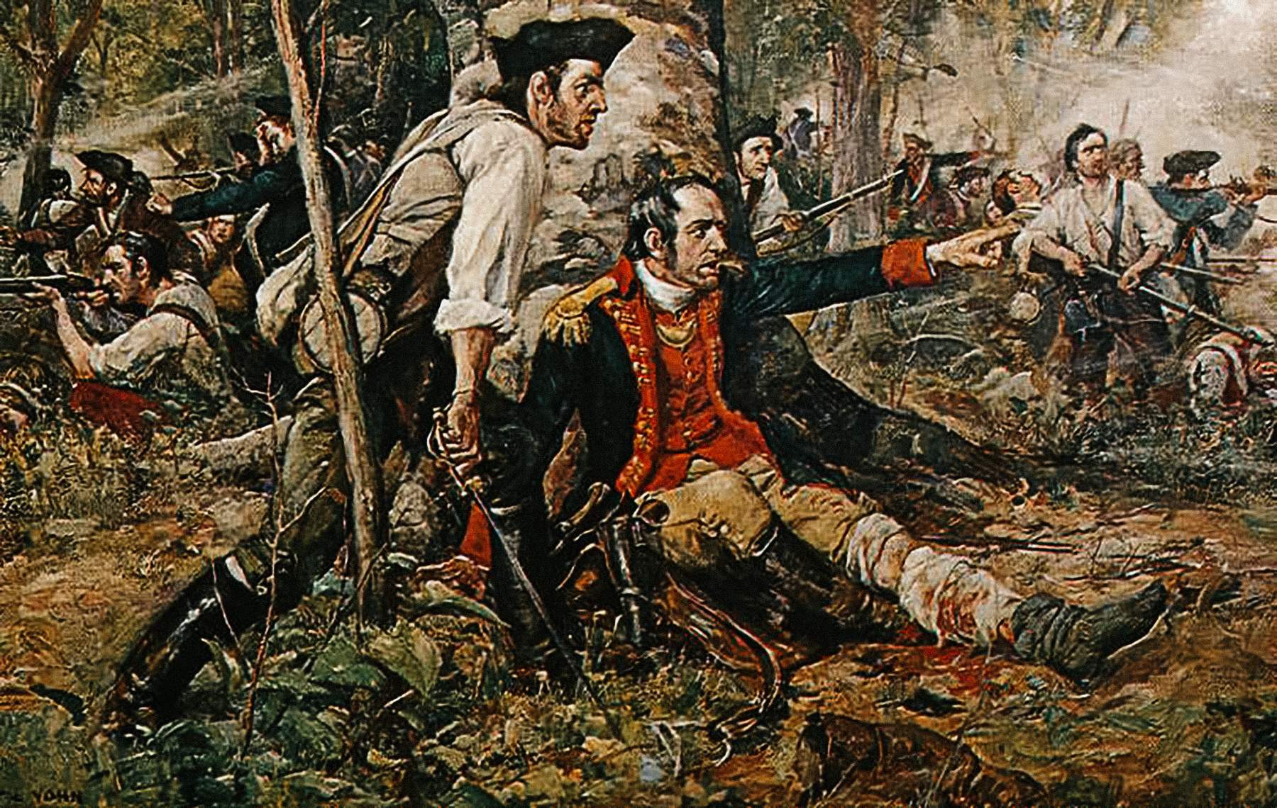 An oil painting titled Herkimer at the Battle of Oriskany. Although wounded, General Nicholas Herkimer rallies the Tryon County militia at the Battle of Oriskany on August 6, 1777. Painting at the public library of Utica, New