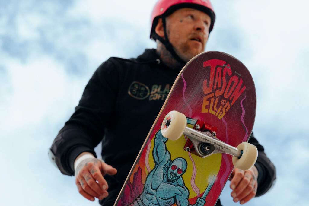 Jason Ellis on a skateboard